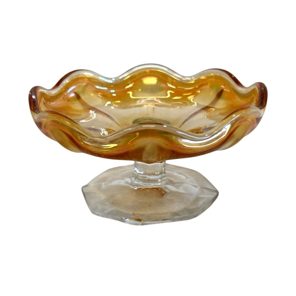 Vintage Amber Carnival Glass Ruffled Pedestal Compote Candy Dish 4 Inch